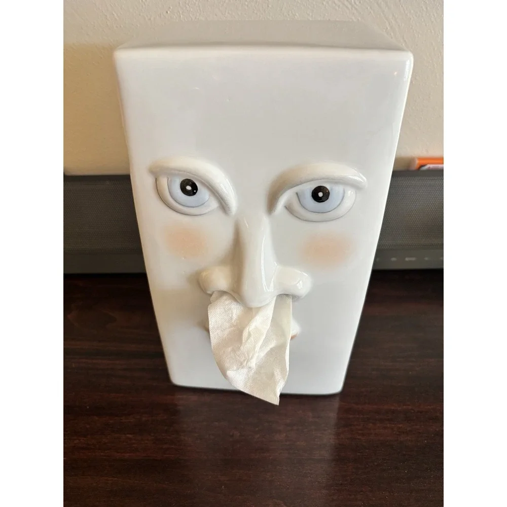 VTG 3D Female Girl Lady Face White Ceramic Porcelain Tissue Box Cover Holder